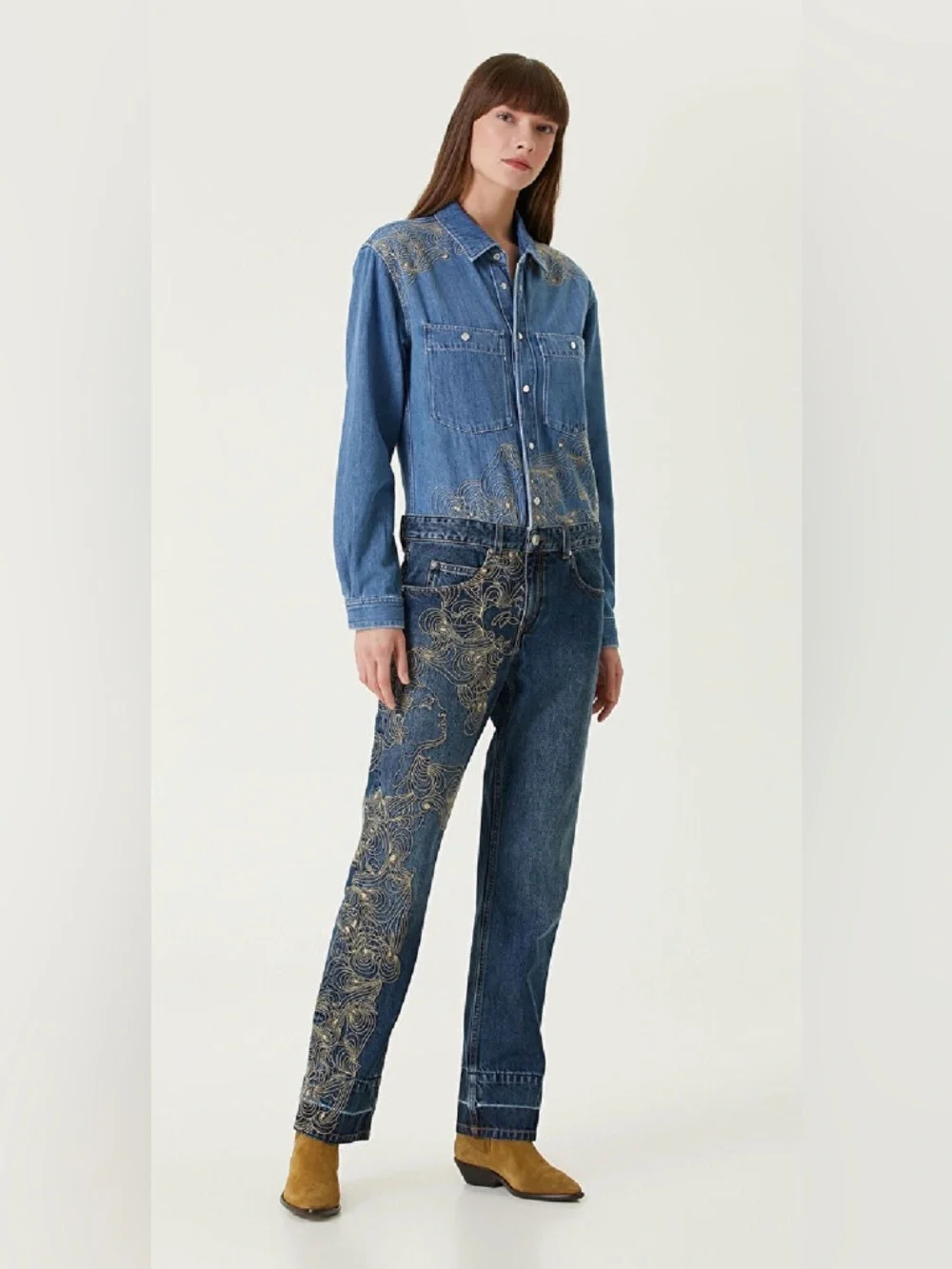 Isabel Marant Imane Embroidered Denim Jumpsuit Size FR 34 (US 2) - Picture 1 of 16